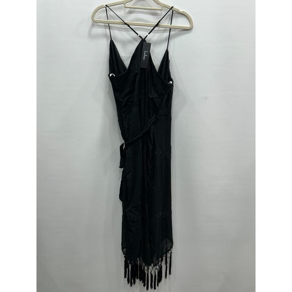 NWT Lulus Womens Fun Affair Wrap Dress Fringe Trim Embroidered Boho Black Size S - Picture 4 of 14